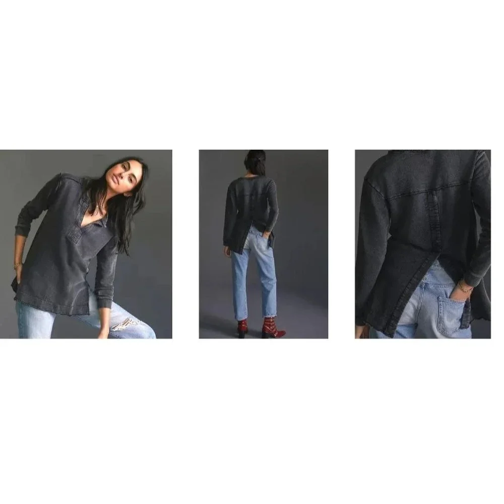 Anthropologie Pilcro Split Back Terry Top XS Extra Small Black Tunic Dis… - Picture 2 of 12